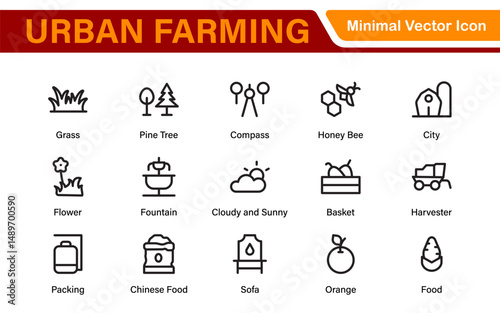 Modern Urban Farming Icons for Community Gardens – Clean Outline, Line Art, Vector Illustrations for Sustainable Farming, Urban Green Projects, and Apps