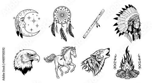 Set of Native American-Inspired Tattoo Designs