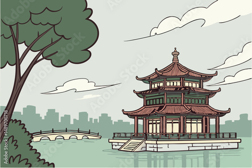 45 pagoda, chinese architecture, reflection in water, blue sky, clouds, green trees, cityscape