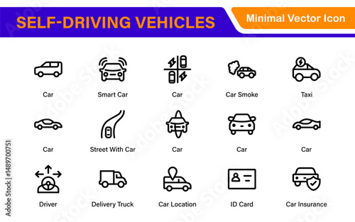 Autonomous Vehicles Self-Driving Car Icons – Minimal Line Vector Illustrations for Smart Transportation, Electric Cars, Future Mobility.