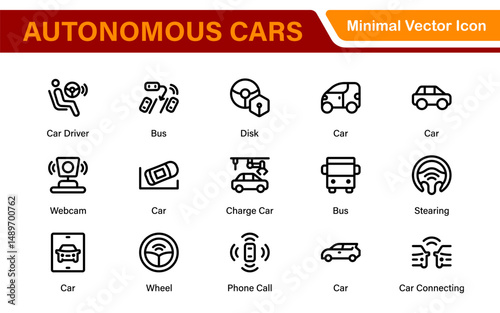 Autonomous Vehicles Self-Driving Car Icons – Minimal Line Vector Illustrations for Smart Transportation, Electric Cars, Future Mobility.