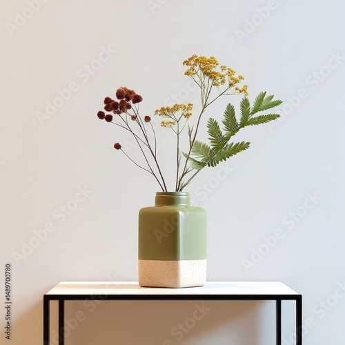 Black frame above console table with vase and indirect warm light