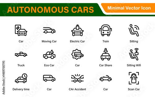 Autonomous Vehicles Self-Driving Car Icons – Minimal Line Vector Illustrations for Smart Transportation, Electric Cars, Future Mobility.