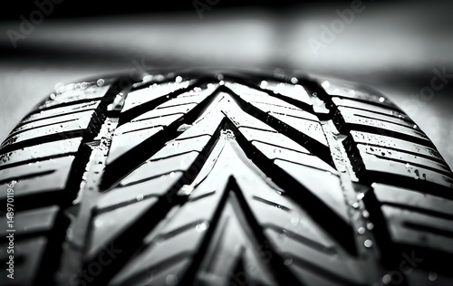 A close-up shot of a tire tread, showcasing the intricate details and texture of the rubber. The black and white image emphasizes the contrast between the grooves and the raised surfaces, creating an 