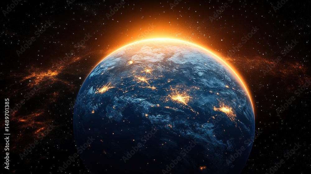 Fototapeta premium View of Earth from space showing illuminated city lights on the dark side and glowing sunrise on the horizon with stars in the background