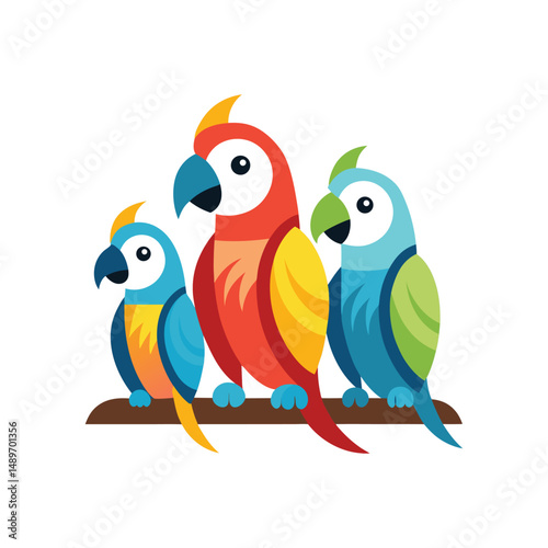 Flat and Minimal Three macaws perched icon vector illustration isolated on white background 