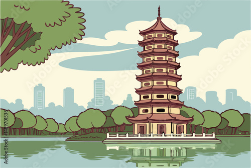 45 pagoda, chinese architecture, reflection in water, blue sky, clouds, green trees, cityscape