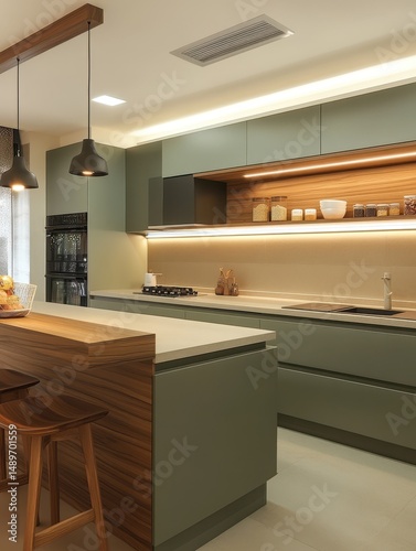 Modern kitchen showcasing its cabinetry along with the kitchen island