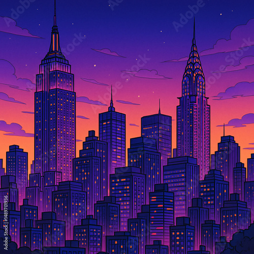 City skyline evening view urban landscape digital art vibrant colors sunset atmosphere illustrative perspective