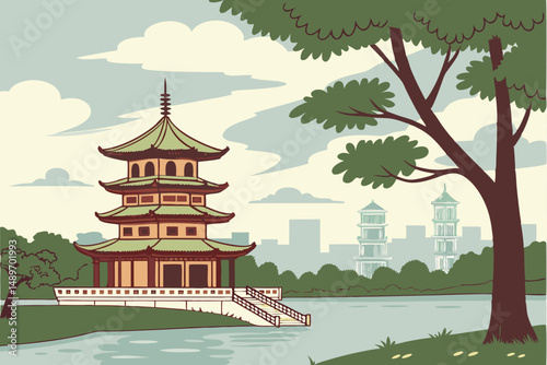 45 pagoda, chinese architecture, reflection in water, blue sky, clouds, green trees, cityscape