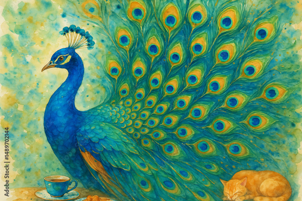 Fototapeta premium Vibrant peafowl displaying feathers serene garden setting watercolor art peaceful environment artistic perspective nature's beauty