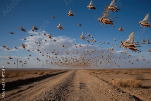 Locust swarm flying over desert road under clear blue sky