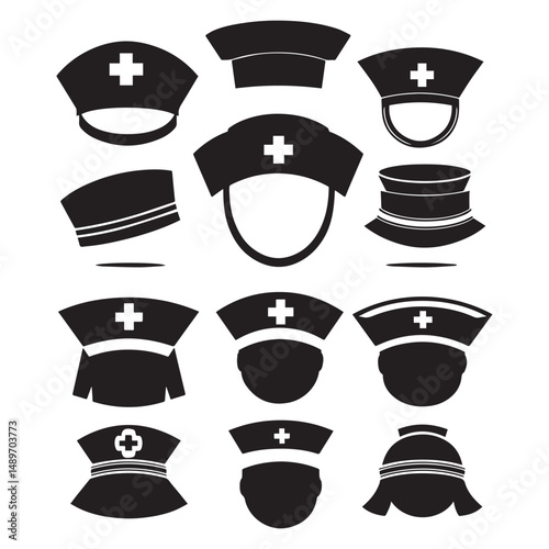 set of black various nurse hat vector silhouettes isolated on white background
