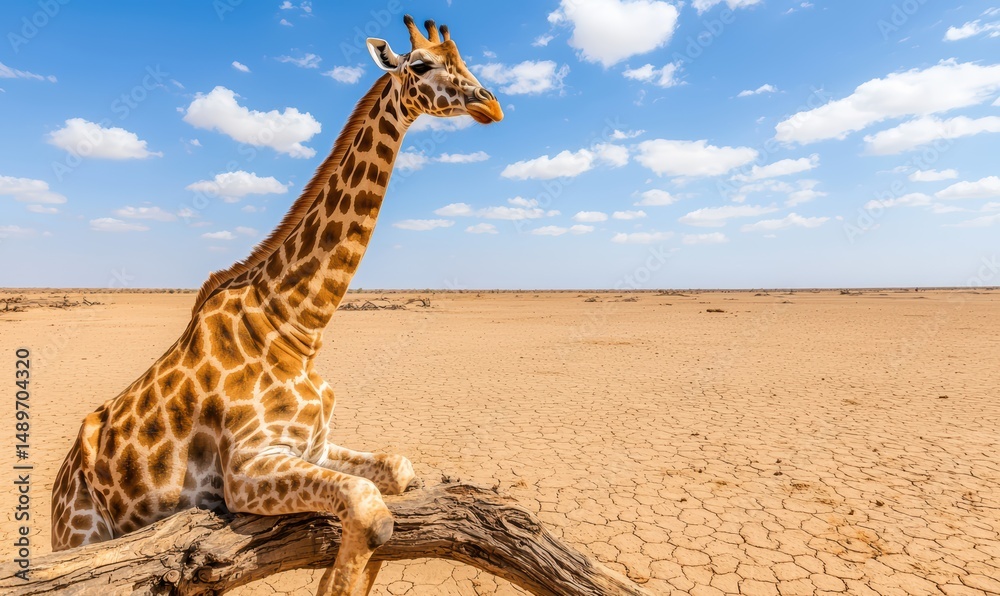 Obraz premium Giraffe Relaxing on a Branch in a Dry Desert Landscape