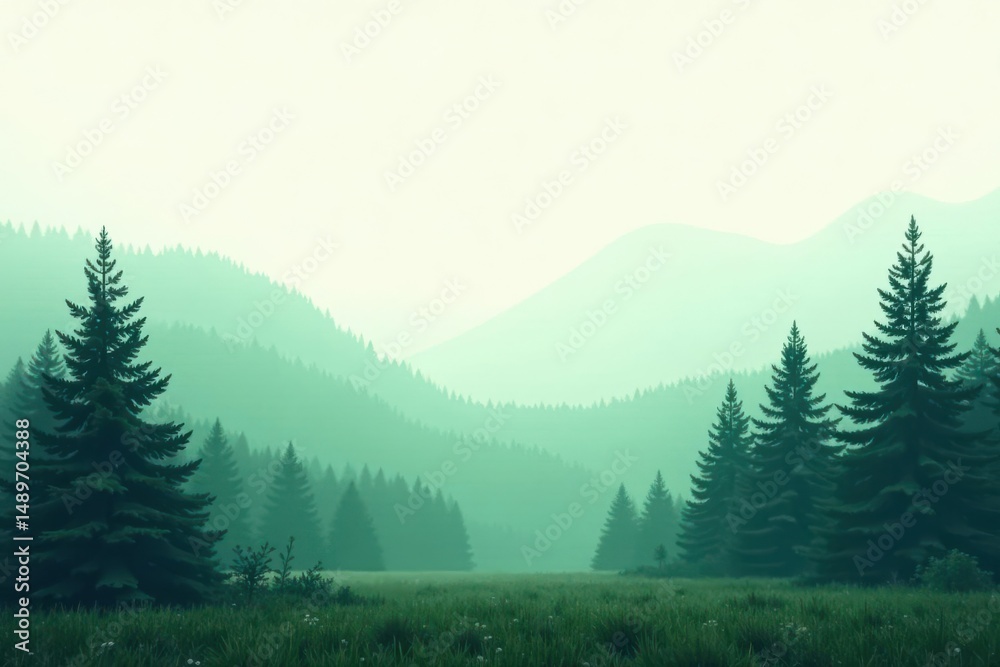 Fototapeta premium Serene Misty Mountain Landscape with Evergreen Trees and Lush Meadow