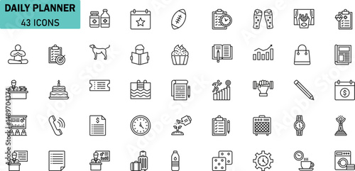 Daily Planner Vector Icon Set. 43 Minimal Line Style Schedule, Task, and Routine Icons