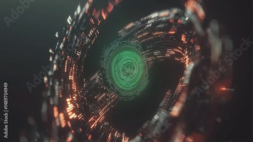 rotating digital barrier with blockchain-inspired patterns, consolidating fragmented data streams into one secure access hub. The shield glows green for approved data and red for blocked threats. 