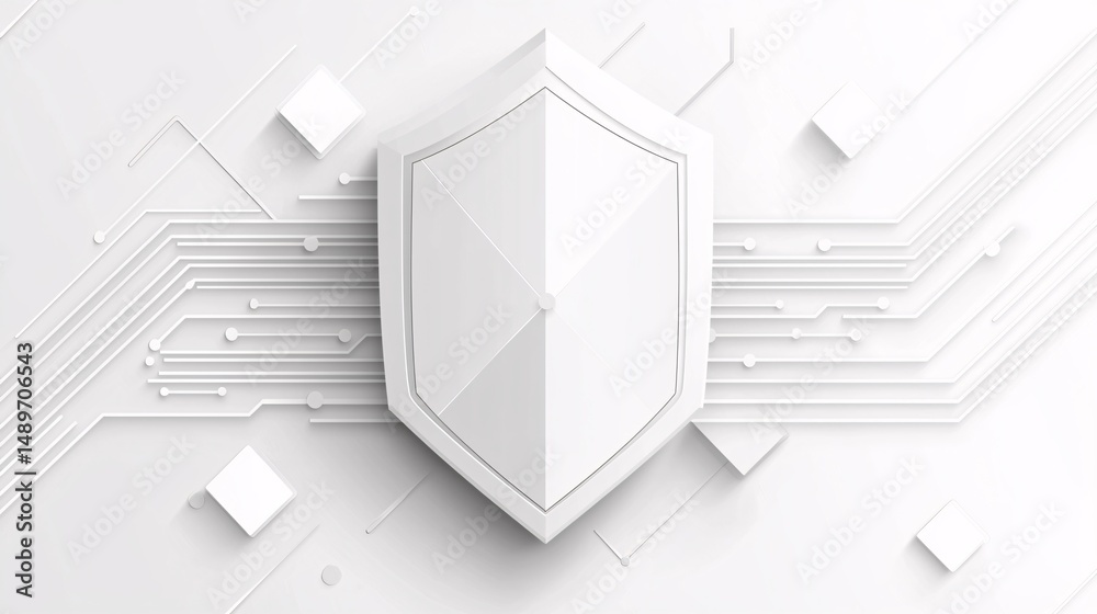 Fototapeta premium shield with layered transparency effect surrounded by three main data highways merging into its center, white background with soft shadows and space left blank for overlay transparent shield, 