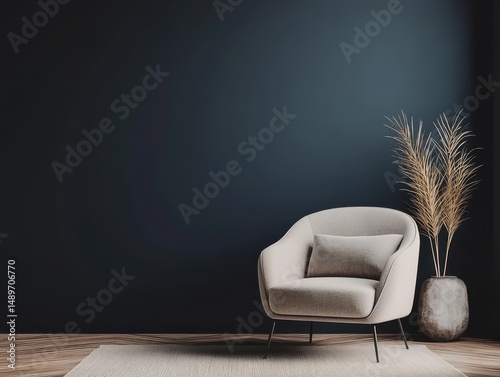 A single armchair rests against a dark painted wall