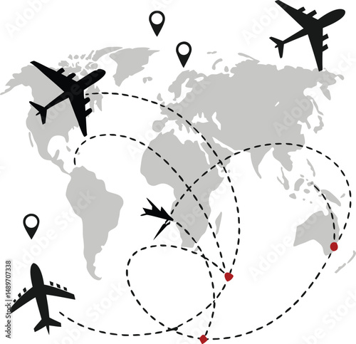 A world map with airplane silhouettes and dotted flight paths and location pin icons illustration