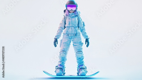 3D digital illustration of a female snowboarder in a light-blue snowsuit, goggles, and helmet,  standing centered on a snowboard photo