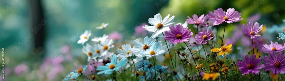 Blooming flowers in meadow with mystical nature and dreamlike gardens concept. Vibrant wildflowers blooming in a lush green landscape. Blooming flowers in meadow with mystical nature and dreamlike gardens concept. Vibrant wildflowers blooming in a lush green landscape.