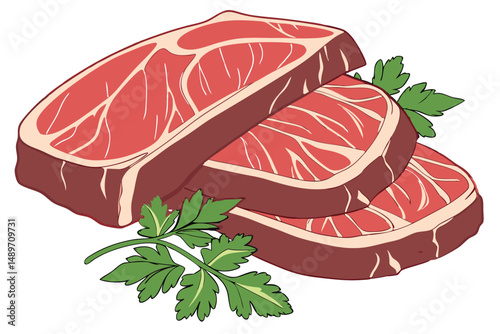 48 raw reddish pork meat, tender muscle tissue, fresh butcher's cut, green parsley garnish, high quality protein source, appetizing raw meat