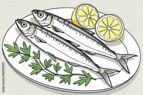 49 fresh anchovies, lemon wedges, parsley, silver, still life, food photography, clean background, high quality, detailed, sharp focus