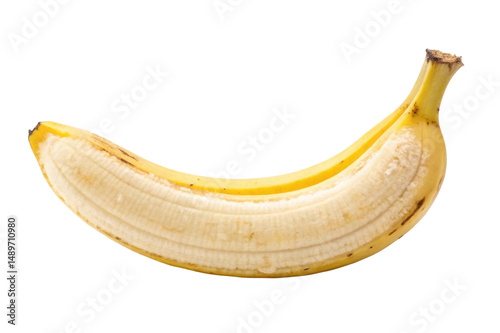 PNG Partially peeled banana on black background showcasing fresh yellow fruit