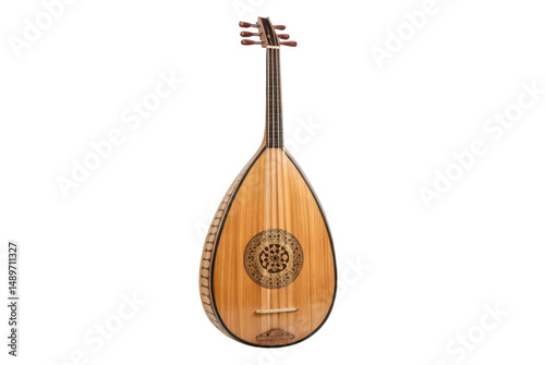PNG Ornate wooden lute with intricate design and six strings photo