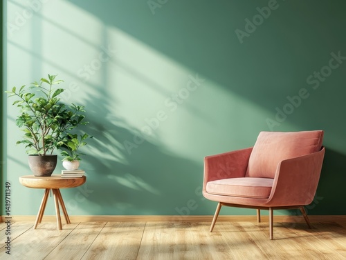 A pink armchair and plants are in a green room