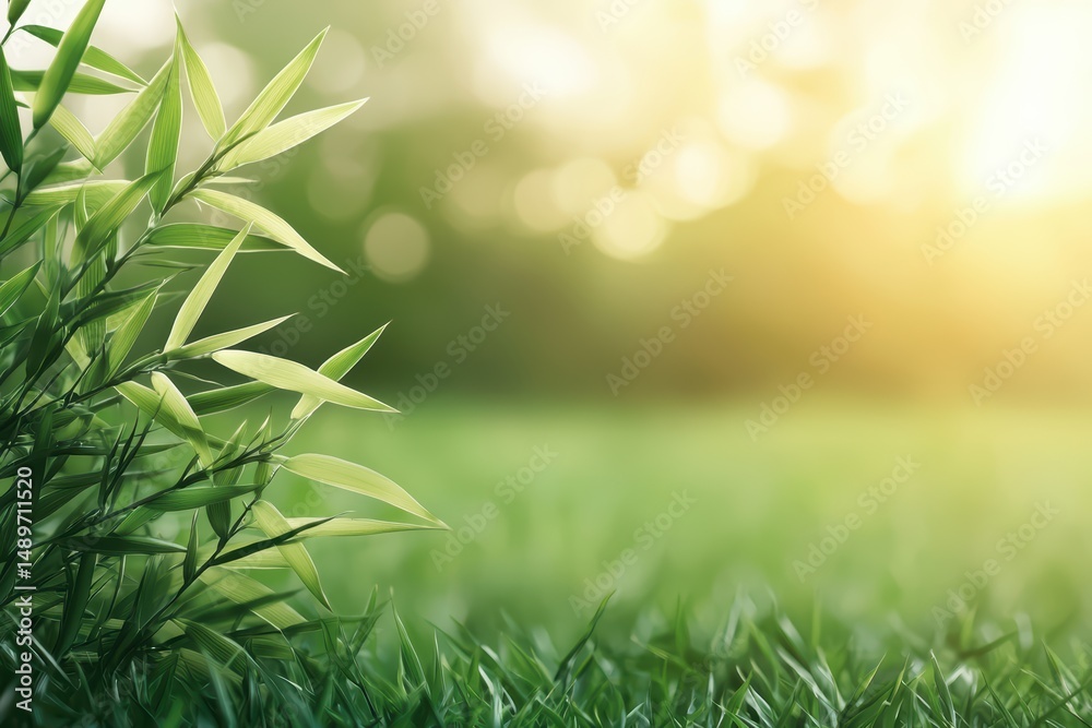 Green Bamboo Leaves Against a Soft Focus Background of Nature Green Bamboo Leaves Against a Soft Focus Background of Nature