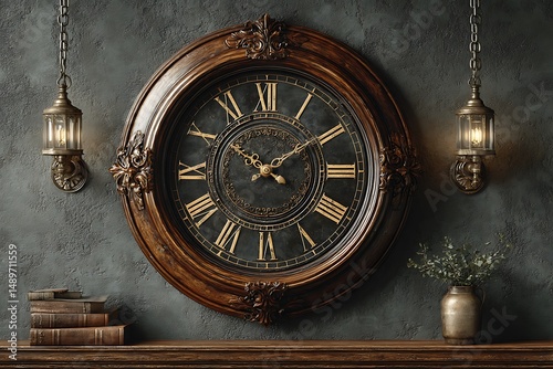 Traditional brown wood wall clock centerpiece high resolution picture