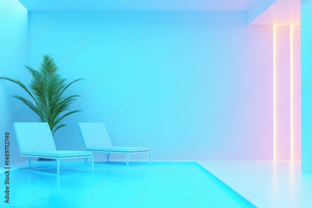 Fototapeta premium Serene Indoor Pool with Minimalist Lounge Chairs and Colorful Lighting