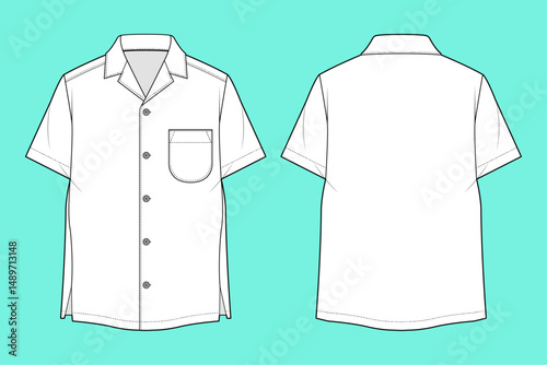 Mens revere collar short-sleeve shirt fashion flat sketch template outline CAD mockup front and back views.	