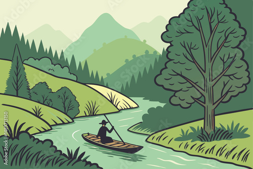 50 bamboo raft, mountain landscape, scenic outdoors, lush greenery, river, traditional transportation, rural setting, person rowing boat, natural environment, picturesque scenery