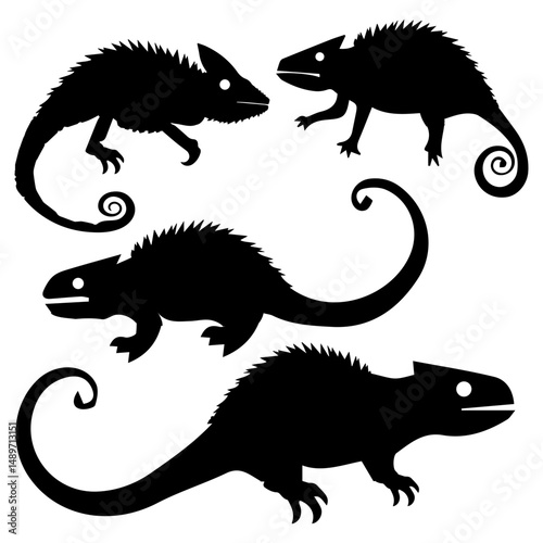 Collection of chameleons silhouette isolated on white background