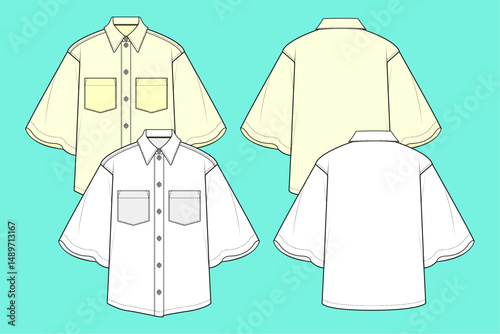 Mens oversized drop shoulder Shirt colour way set fashion flat sketch template outline CAD mockup front and back views.	