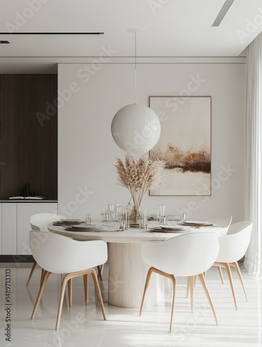 The modern dining room features a minimalist and simple design