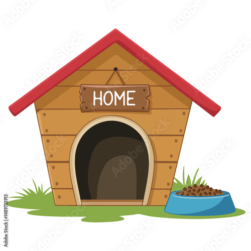 Dog kennel with welcome home sign and bowl isolated vector illustration on white background