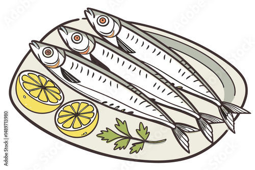 51 high quality photo of a platter of fresh anchovies, fillets, lemon wedge, parsley sprigs, clean, realistic, sharp focus, detailed, food photography