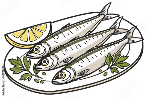 51 high quality photo of a platter of fresh anchovies, fillets, lemon wedge, parsley sprigs, clean, realistic, sharp focus, detailed, food photography