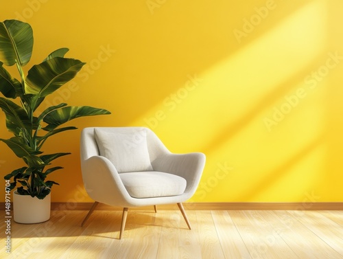 Modern interior features a chair beside a vibrant yellow wall