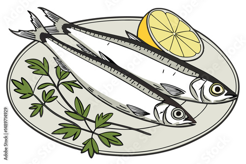 51 high quality photo of a platter of fresh anchovies, fillets, lemon wedge, parsley sprigs, clean, realistic, sharp focus, detailed, food photography