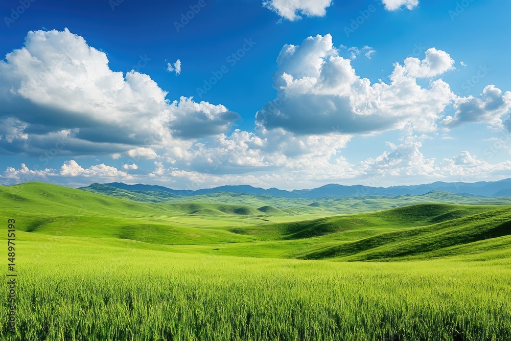 Fototapeta premium Lush green fields rolling hills under a vibrant blue sky