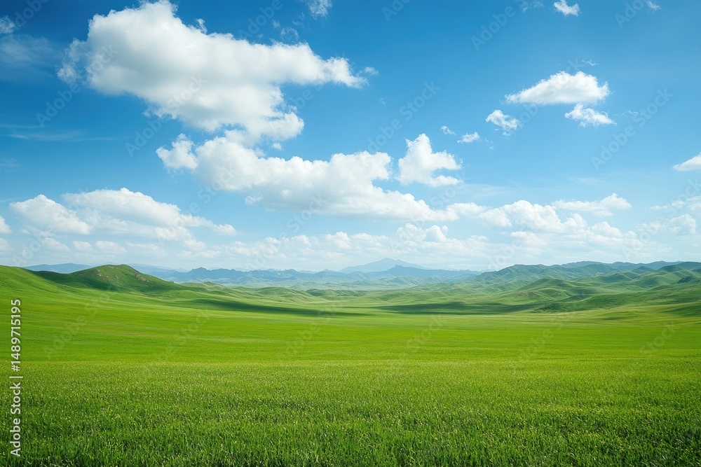 Naklejka premium Expansive green meadow stretching to distant hills under a vibrant blue sky
