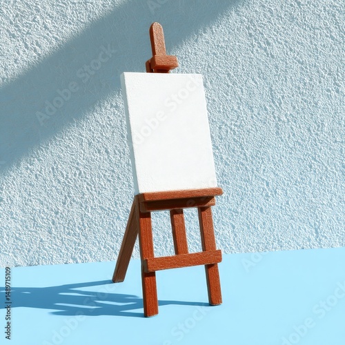Framed photo on wooden easel beside sunny window, textured wall backdrop