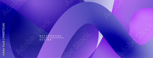 Abstract fluid shapes overlap, creating vibrant purple gradients. Modern design evokes movement, depth, visual interest.