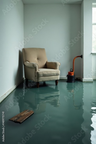 A flooded room with a single armchair and a water removal pump; a scene of unexpected domestic inundation and the beginning of restoration