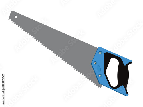 Blue handled hand saw with metal blade isolated on white background flat design